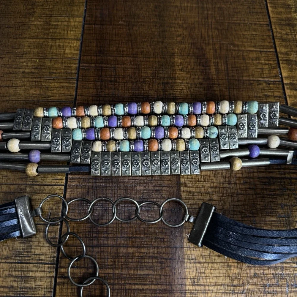 Fashion Chain Link Belt Chunky Wood Multi Colored Beaded Black Leather Adjustabl